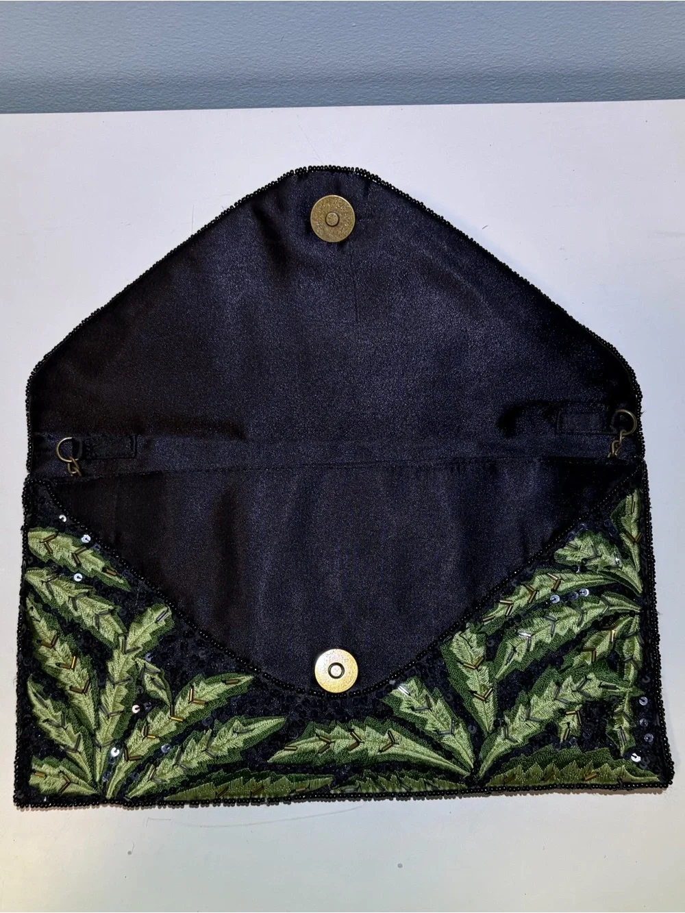 Clements Ribeiro Green Palm Leaf Embroidered Beaded & Sequin Clutch With Chain